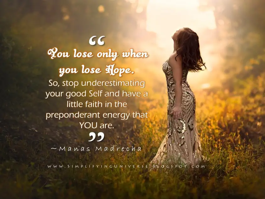 girl looking away sunlight nature green, manas madrecha quotes on hope, quotes on self, girl silver dress, motivation quotes, inspirational quotes on hope, simplifying universe, self-help blog